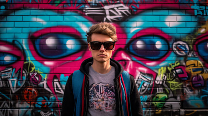 Graffiti-style self-portrait, resembling a wall mural, colorful and edgy