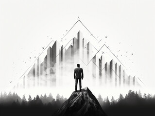 Minimalist digital sketch, lone businessman atop a bar graph mountain peak, looking out at a skyline made of up and down arrows, black and white