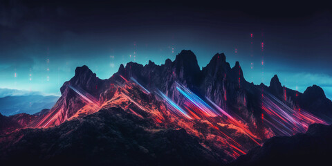 Neon-colored mountaintop, illuminated by otherworldly light, digital glitch effect, focus on jagged peaks