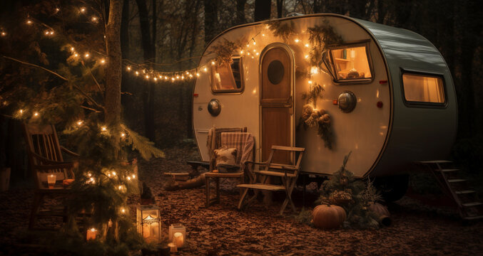 Living on the road Concept. Caravan Camping RV Area in the dreamy evening.