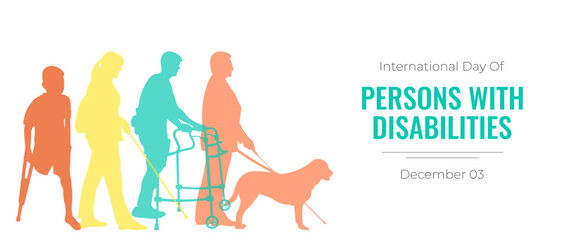International Day of People with Disabilities.Horizontal banner with silhouettes of people with disabilities and space for text.Vector illustration.