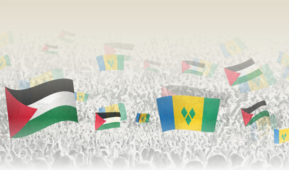 Palestine and Saint Vincent and the Grenadines flags in a crowd of cheering people.