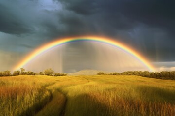 Naklejka premium Rainbow over field, AI generated