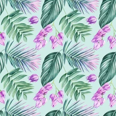 Zelfklevend Fotobehang Tropical seamless pattern, Leaves and flowers, tropic plants on white background, watercolor botanical illustration © Hanna
