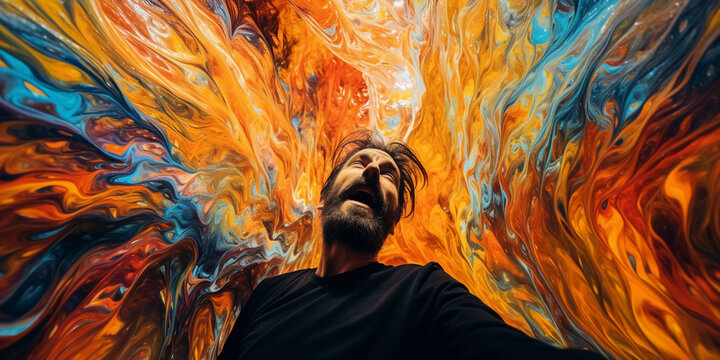 Self-portrait in a swirling vortex of colors, psychedelic, dreamlike, vivid saturation