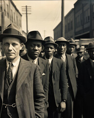 Fototapeta premium Street scene, Great Depression, 1930s, bread line, men in worn suits and hats, subtle grain, dusty atmosphere