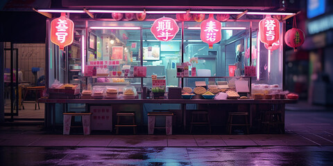 Vaporwave aesthetics, Chinese dumpling stand illuminated by neon lights, glitch effects, pastel and neon color palette