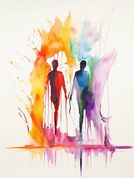 Vibrant Abstract Watercolor Painting Depicting Two Abstract Human Forms Walking Side By Side, Splashes Of Rainbow Colors