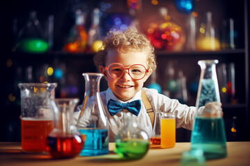 Smiling Child Boy Against Colorful Chemical Background