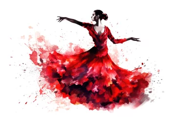 Fotobehang Woman Flamenco Dancer Black, Red and White Graphic. Ink Painting Isolated on White. © fotoyou