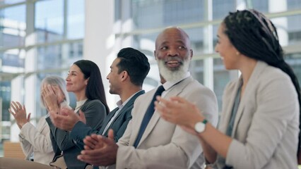 Crowd, business people and applause in workshop, success or happy for conference, diversity or seminar. Men, women and smile in audience for trade show, goals and team building with coaching in event