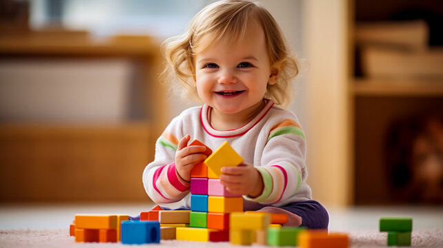 Lifestyle photograph of a young toddler playing with colorful wooden building blocks young girl playing at the creche youngster at nursery primary education pre school learning