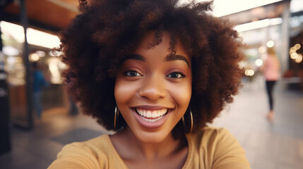 Selfie portrait of laughing black woman outside with curly hair closeup - obrazy, fototapety, plakaty