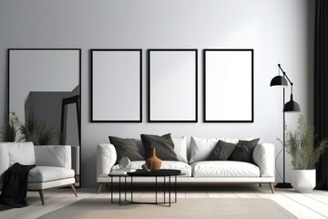 3D rendered blank poster on living room wall. Generative AI