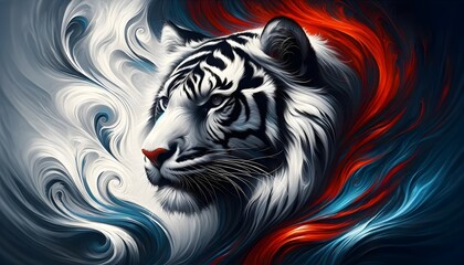 The image presents an artistic rendering of a white tiger with striking blue eyes, set against a dramatic backdrop of swirling red and blue abstract patterns.