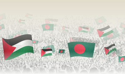 Palestine and Bangladesh flags in a crowd of cheering people.