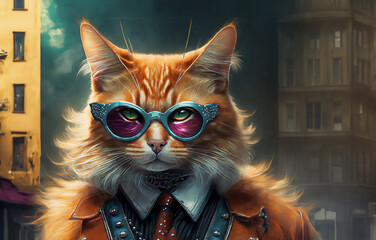 illustration d'un chat au pelage roux portant des lunettes et une attitude punk rock sur un fond de décor d'une ville la nuit - obrazy, fototapety, plakaty