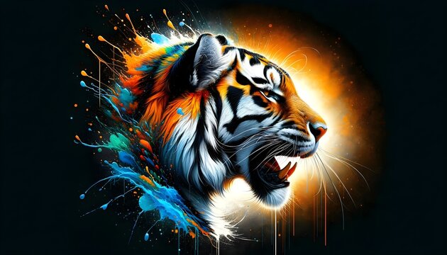 The image depicts a roaring tiger's head in a dynamic and vibrant explosion of colors, with paint splatters and drips radiating outward against a dark background.