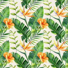 Tropical seamless pattern, Leaves and flowers, tropic plants on white background, watercolor botanical illustration