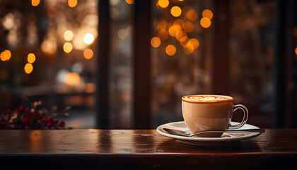 This beautiful photograph of a coffee shop captures a cozy shelf and table setup, which would be ideal for a cafe or restaurant decor, The bokeh effect in the background gives a magical touch - obrazy, fototapety, plakaty
