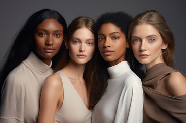 Obraz premium Beautiful young multiethnic women with natural makeup. Advertising for Fashion, Woman Rights, Beauty Salon, Cosmetics, face and body skin care.