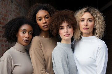 Fototapeta premium Beautiful young multiethnic women with natural makeup. Advertising for Fashion, Woman Rights, Beauty Salon, Cosmetics, face and body skin care.