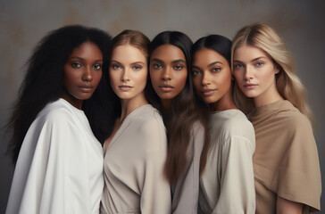 Obraz premium Beautiful young multiethnic women with natural makeup. Advertising for Fashion, Woman Rights, Beauty Salon, Cosmetics, face and body skin care.