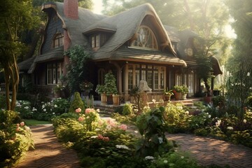 Warm home surrounded by a beautiful garden. Generative AI