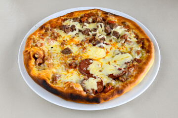Delicious mixed pizza with rich content. Menu concept of choice and diversity. Pepperoni, Formaggi, Veggie, Karisik pizza
