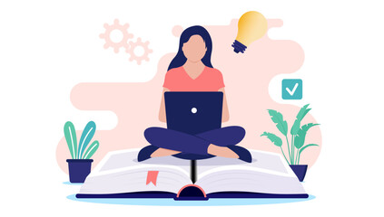 Woman student working on computer - Female person with laptop sitting on big book studying, doing school work and taking education class online. Flat design vector illustration with white background - obrazy, fototapety, plakaty