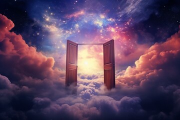 Imaginative depiction of door amidst clouds leading to vibrant galaxy filled with dazzling stars. Generative AI