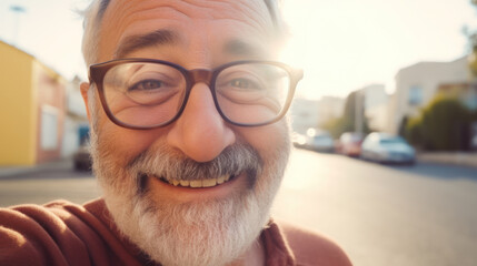 an ordinary slightly plump man making selfie outdoors. Portrait of a middle-aged happy guy on the street - obrazy, fototapety, plakaty