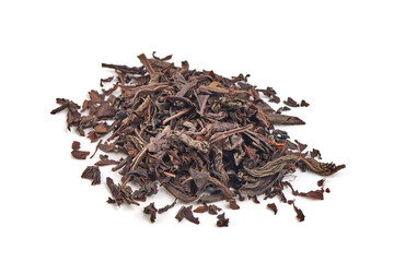Dry black tea leaves, isolated on white background.