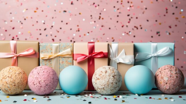 Gift Boxes Balloons Confetti On Color , Bright Background, Background Hd