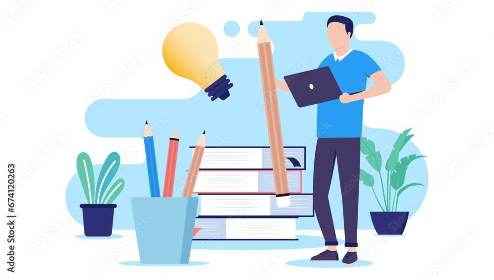 Aufkleber student and education concept - young male person standing with computer and pencil in front of scho