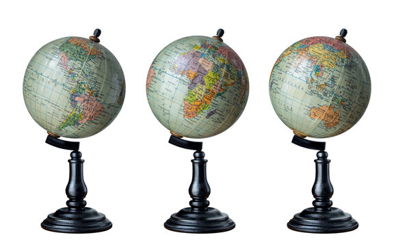 Old world Globe isolated on white background. Three hemispheres of the globe in antique style. South and North America and Africa, Asia, Europe, Australia.