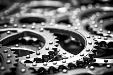Close-up of bicycle chainrings in a workshop. Generative AI