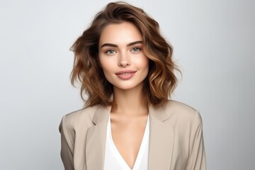 Naklejka premium Young attractive woman dressed in business style. Successful business woman, employee, manager.