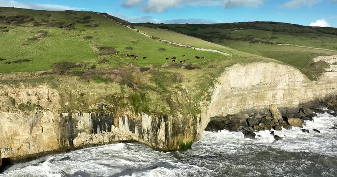 Dancing Ledge. Jurassic coast. Dorset. Cinematic drone flight