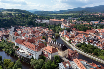 The historical part of Cesky Krumlov with Vltava river in summer time, UNESCO heritage in Bohemia. Czech Republic