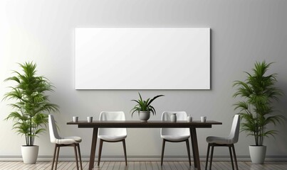 White Canvas Mockup in Bright and Clean Dining Room with Sleek Contemporary Décor and Comfortable Furnishings.