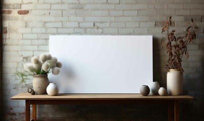 Blank Canvas Mockup on Interior Wall with Art Vase and Potted Plant on Wood Panel