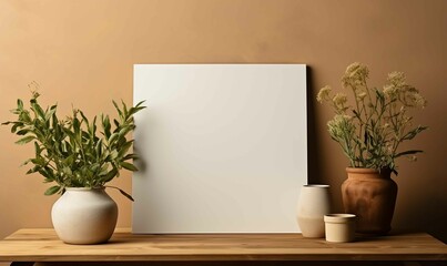 Blank Canvas Mockup on Interior Wall with Art Vase and Potted Plant on Wood Panel
