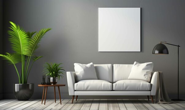 Blank canvas for Minimalist living room mockup with contemporary furniture and greenery.