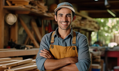 Latin American carpenter smiling, carpentry blurred background