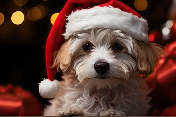 Merry Christmas and Happy New Year! Cheerful dog is sitting in Santa Claus hat on black background. Happy dog is waiting for the holiday at home.