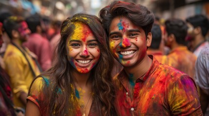 Obraz premium Indian Couple Celebrating Holi Colour Splash, Bright Background, Background Hd