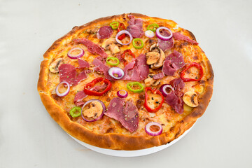 Delicious mixed pizza with rich content. Menu concept of choice and diversity. Pepperoni, Formaggi, Veggie, Karisik pizza