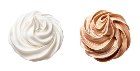 Whipped cream top view png, isolated on transparent background, delicious white and brown chocolate...