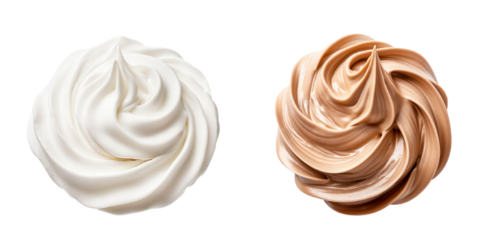 Whipped cream top view png, isolated on transparent background, delicious white and brown chocolate ice cream hd